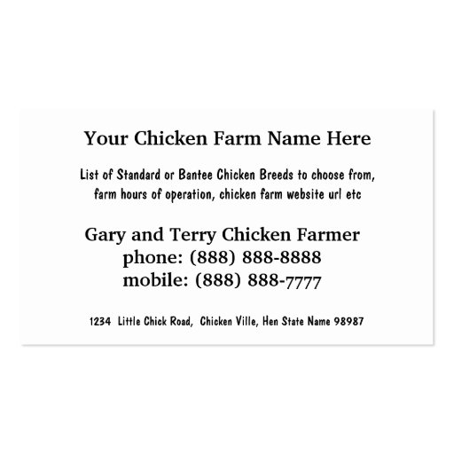 Day Old Chick - Layers or Broilers Farm Business Card Template (back side)