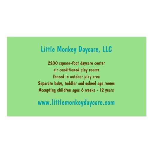Daycare child care babysitting Mommy calling card Business Card (back side)