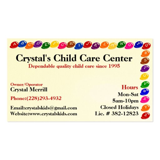 Daycare Childcare Babysitting Business Card (front side)