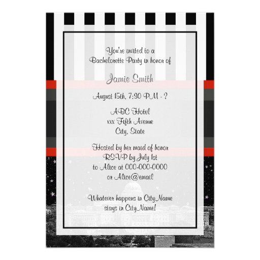 DC Skyline Blk Wht Strp Red Kiss Bachelorette Personalized Announcement