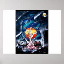 Dead tree red mountains yellow planet space posters