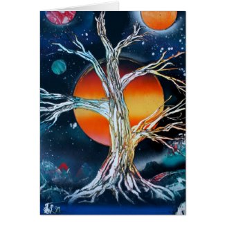 Deadwood Tree w lake moutains and red sun card