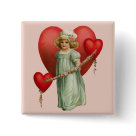 square_button - Cute Valentines day child in long vintage dress and cap is surrounded with red hearts and flowers. Many gifts and apparel available with this design in my store.: Sizes 