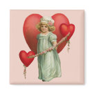 square_magnet - Cute Valentines day child in long vintage dress and cap is surrounded with red hearts and flowers. Many gifts and apparel available with this design in my store.: Sizes 