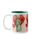 twotone_mug - Cute Valentines day child in long vintage dress and cap is surrounded with red hearts and flowers. Many gifts and apparel available with this design in my store.: Sizes  Available colors: huntergreen
