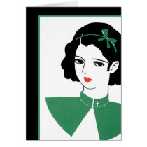 Deco Girl in Green Greeting Cards