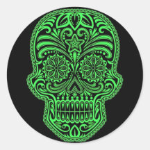 Decorative Green and Black Sugar Skull Round Sticker