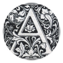 Decorative Letter "A" Woodcut Woodblock Inital Round Stickers