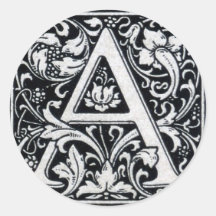 Decorative Letter "A" Woodcut Woodblock Inital Round Stickers