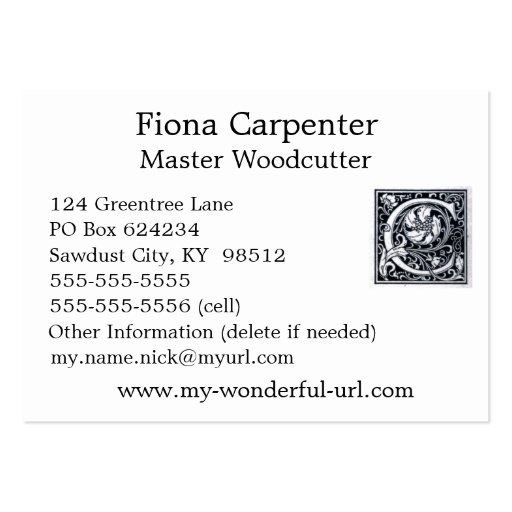 Decorative Letter "C" Woodcut Woodblock Initial Business Card Template (back side)