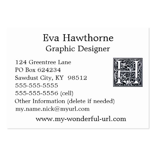 Decorative Letter "H" Woodcut Woodblock Inital Business Cards (back side)