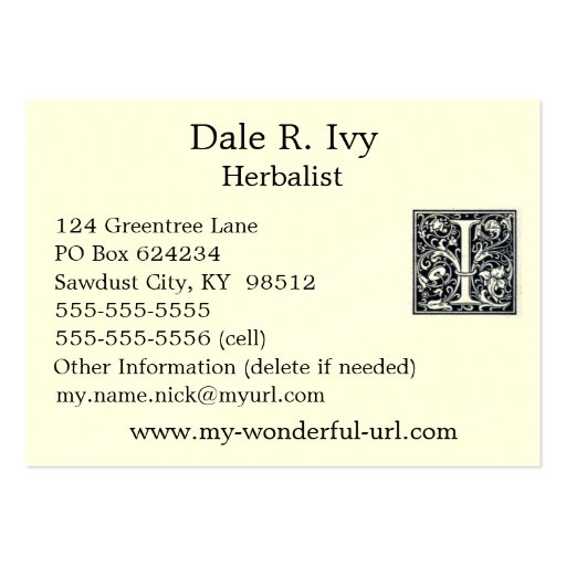 Decorative Letter "I" Woodcut Woodblock Initial Business Card (back side)