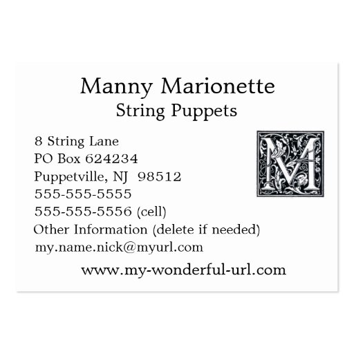 Decorative Letter "M" Woodcut Woodblock Initial Business Card Templates (back side)