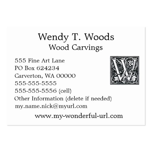 Decorative Letter "W" Woodcut Woodblock Initial Business Card Templates (back side)
