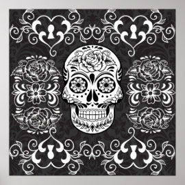 Decorative Sugar Skull Black White Gothic Grunge Print