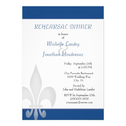 Deep Blue Large Fleur de Lis Rehearsal Dinner Custom Invites