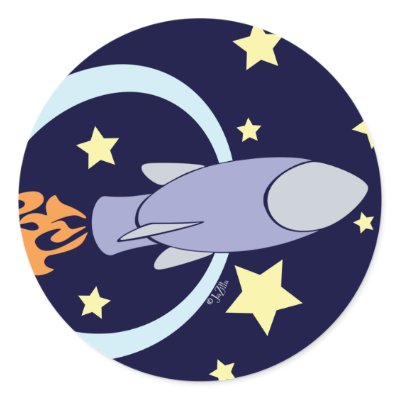 Deep Blue Rocket Kids Retro Space Round Stickers by JaZilla
