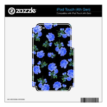 Deep Blue Roses flower pattern on black iPod Touch 4G Skin