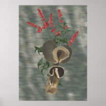 Deep Brown Mushrooms with small Red Fluff Flowers Posters