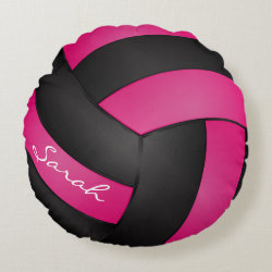 Deep Hot Pink and Black Volleyball | Personalize Round Pillow