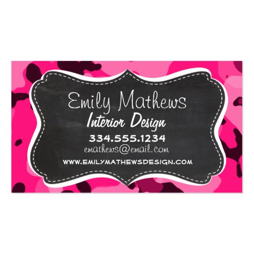 Deep Pink Camo; Chalkboard look Business Card (front side)