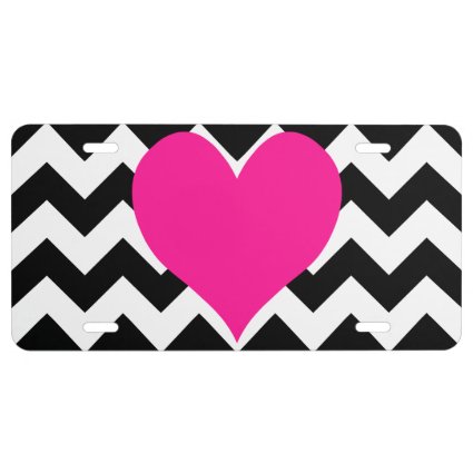Deep Pink Heart on Black and White Zigzag License Plate