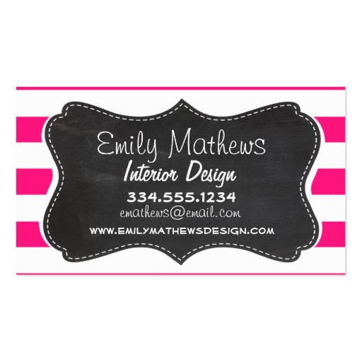 Deep Pink Horizontal Stripes; Chalkboard look Business Card Template (front side)