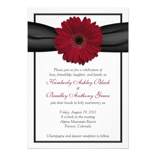 Deep Red Daisy Black Ribbon Wedding Invitation