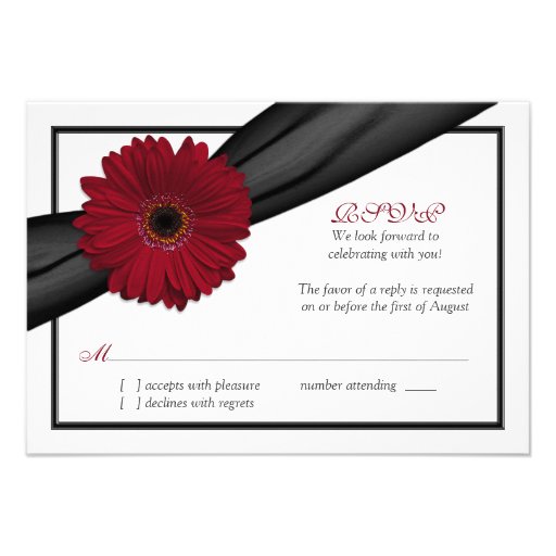 Deep Red Daisy Black Ribbon Wedding Reply Card Personalized Invite