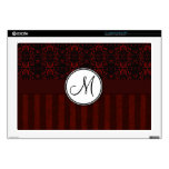 Deep Red on Black Damask and Stripes with Monogram 17" Laptop Skins