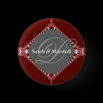Deep Red+Silver Wedding Monogram Button