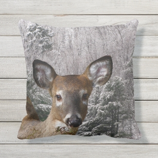 Deer and Frosty Evergreen Trees Outdoor Pillow