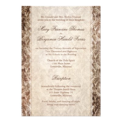 Deer Antler Damask Brown & Cream Wedding Personalized Invitation