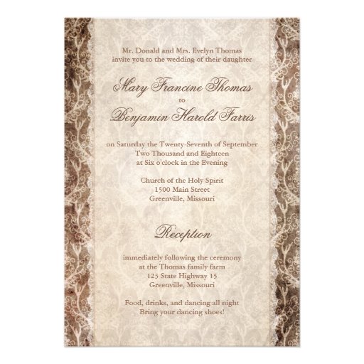 Deer Antler Damask Brown & Cream Wedding Personalized Invitation