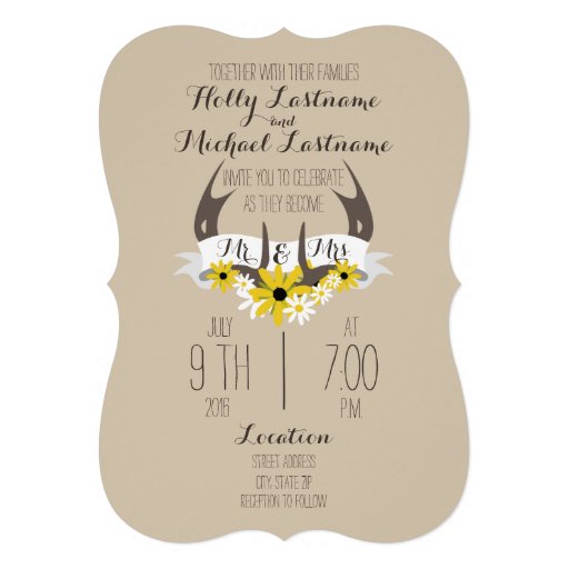 Deer Antlers + Wildflowers Wedding Invitation