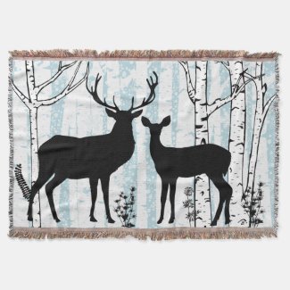 Deer Buck and Doe Birch Forest Throw Blanket