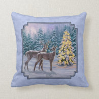 Deer & Christmas Tree Winter Blue Throw Pillows