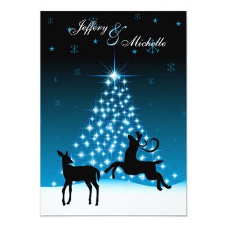 Deer Couple and Tree of Lights Snowy Night Wedding 5x7 Paper Invitation Card