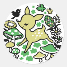 Deer in forest -green round stickers