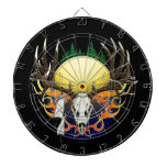 Deer skull in flames dartboard with darts