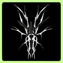 Deer Skull Tribal Tattoo - white on black wall clocks