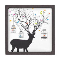 Deer with colorful birds and birdcages premium keepsake boxes