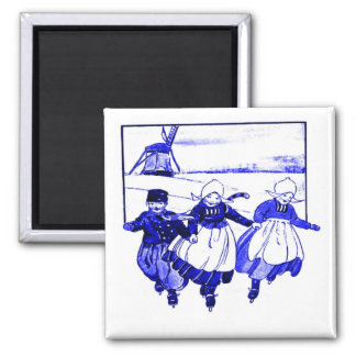 Delft Style,Blue Ducth Kids On Skates 2 Inch Square Magnet