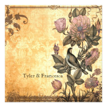 Delicate Bird Floral Damask Wedding Invitation