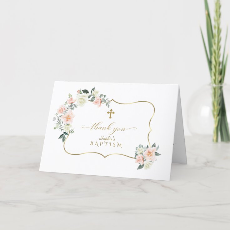 Delicate Blush White Flowers Gold Girl Baptism Thank You Card Zazzle