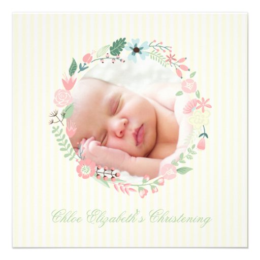 Delicate Floral Wreath Christening Personalized Announcement