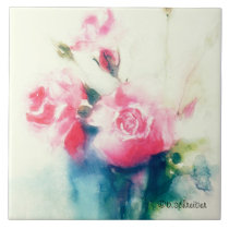 delicate pink roses, tile, stilllife in blue vase tiles