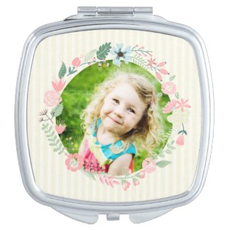 Delicate Yellow Stripes Custom Photo Floral Frame Mirror For Makeup