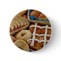 Delicious Baked goods: bagels, rolls, hot crossed Pinback Button