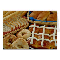 Delicious Baked goods: bagels, rolls, hot crossed Card